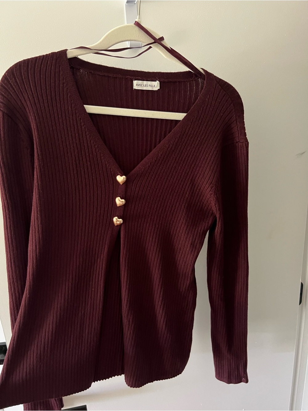 Avec Les Filles Anthropologie Ribbed V-Neck Cardigan with Gold Heart Buttons